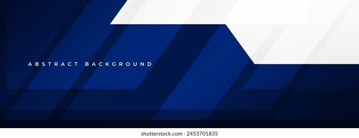 Abstract blue and white modern wide banner template with geometric shapes. Dark blue and white abstract background. Vector illustration