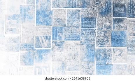 Abstract blue and white mosaic tile design featuring a textured grungy appearance with overlaid lettering and script elements perfect for digital designs