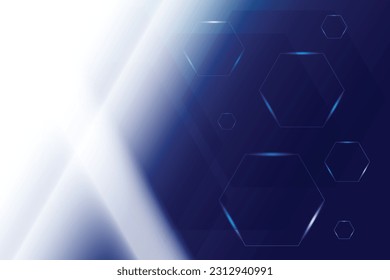 Abstract blue and white neon light on dark blue background with hexagonal shape. Vector illustration.