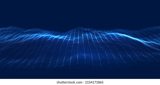 Abstract blue and white particle background. Flow wave with dot landscape. Digital data structure. Future mesh or sound grid. Pattern point visualization. Technology vector illustration.