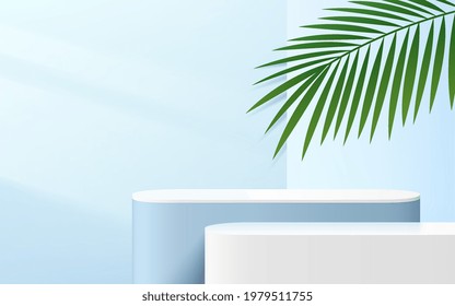 Abstract blue and white round corner cube platform podium. Window lighting and palm leaf. Pastel light blue minimal wall scene. Vector rendering 3d shape for Product display presentation.