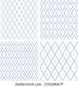 Abstrakte blau-weiße, nahtlose geometrische Diamantenmuster. Vektorkunst.