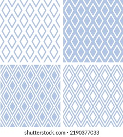 Abstract blue and white seamless geometric diamonds patterns. Vector art.