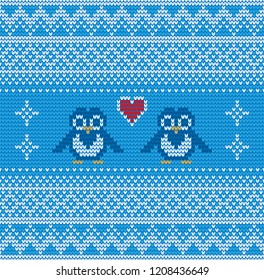 Abstract blue and white seamless knitting pattern with penguins background