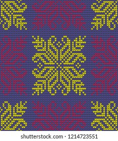 Abstract blue and white seamless knitting pattern with snowflakes background