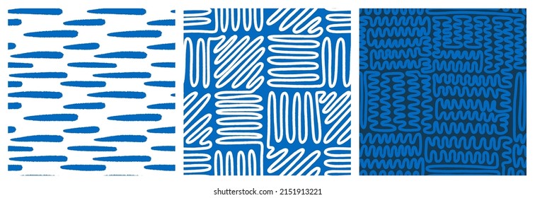 Abstract blue and white seamless pattern set for textile print with endless maze hand drawn designs.