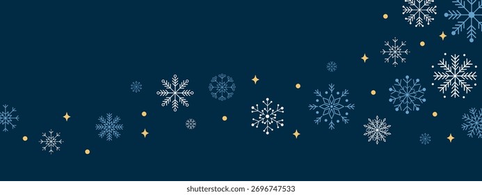 Abstract blue and white snowflakes border on dark background with golden stars. Elegant winter design for Christmas and New Year greeting cards, festive banners, wrapping paper, and luxury decoration.