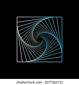 Abstract blue and white square spirograph twisted wireframe tunnel shapes logo ethnic on the black background. Vector illustration.