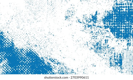 Abstract blue and white textured background with distressed grunge elements and halftone dots vector