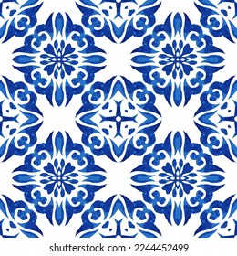 Resumen del patrón de pintura de acuarela ornamental sin soldadura de mosaico vectorial azul y blanco. Azulejo de color azul mediterráneo al estilo portugués