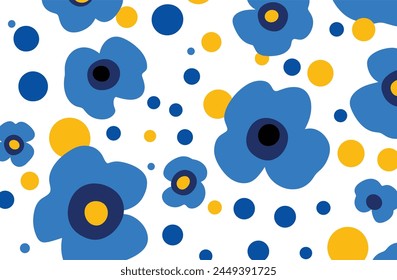 Abstract blue and white with yellow dots and flowers, vector illustration style, simple flat drawing style