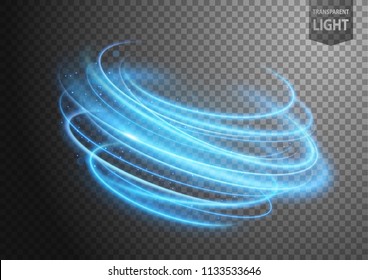 Abstract blue wind line of light with sparkles on a transparent background, isolated and easy to edit. Vector Illustration