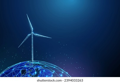 Abstract blue wind turbine on planet earth. Renewable power generation. Green energy concept. Alternative source of energy. Low poly style. Geometric background. Wireframe structure. Modern 3d. Vector