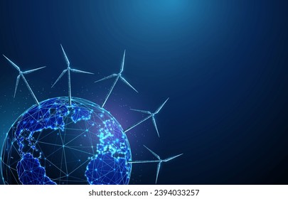 Abstract blue wind turbines on planet earth. Renewable power generation. Green energy concept. Alternative source of energy. Low poly style. Geometric wireframe structure. Modern 3d graphic. Vector