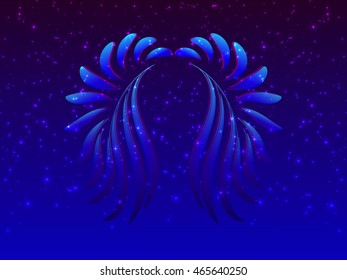 Abstract blue wings on a background of glowing stars
