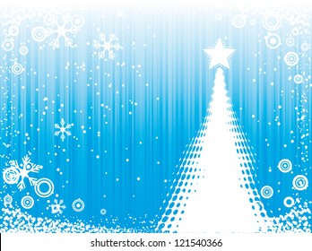 abstract blue winter background with christmas tree, snowflake and ice border