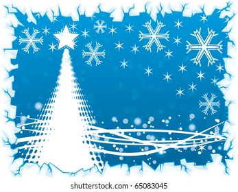 fondo de invierno azul abstracto con árbol de navidad, copo de nieve y borde de hielo