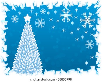 fondo de invierno azul abstracto con árbol de navidad, copo de nieve y borde de hielo