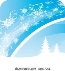 Abstrakter blauer Winterhintergrund mit Schneeflocken und Weihnachtsbäumen