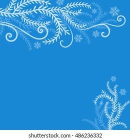 Abstract blue winter frosted branches Christmas background with copy space. Christmas greeting card vector template.