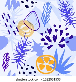 Abstract Blue Winter Seamless Pattern With Pine Branch And Citrus Fruit. Decorative Seasonal Vector Background