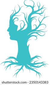 Abstract blue winter tree silhouette and female head, ecology concept illustration.