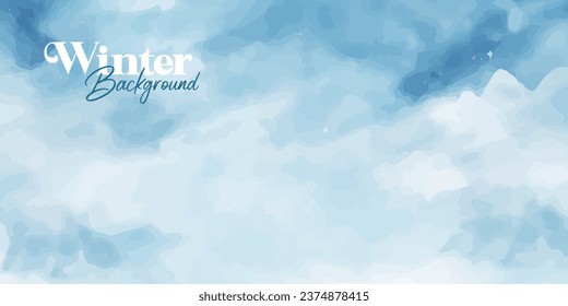 Abstract blue winter watercolor background. Sky pattern with snow. Light blue watercolour paper texture background. Vector water color design illustration