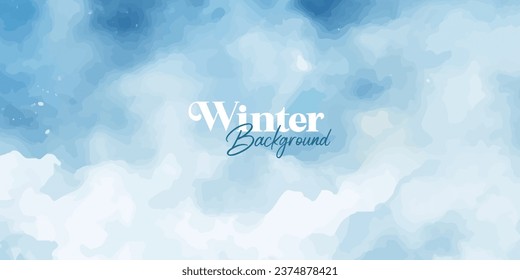 Abstract blue winter watercolor background. Sky pattern with snow. Light blue watercolour paper texture background. Vector water color design illustration