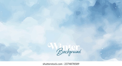 Abstract blue winter watercolor background. Sky pattern with snow. Light blue watercolour paper texture background. Vector water color design illustration