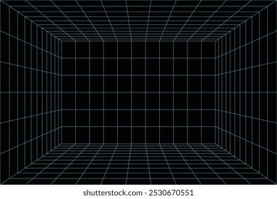 Estructura de alambre azul Abstractas con línea de cuadrícula azul sobre fondo negro. Caja de cuadrícula de perspectiva futurista.