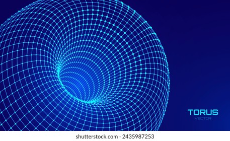 Abstract Blue Wireframe Mesh with Hole. Abstract Science of Wormholes. Gravity Field Concept. 3D Grid Mesh. Technology or Science Vector Illustration.