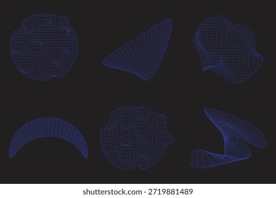 Abstract Blue Wireframe Shapes on Dark Background with Warped Grid Geometry