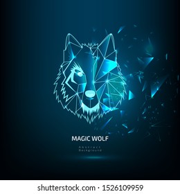 Abstract blue wolf head, consisting of triangles, points and lines. Vector illustration.