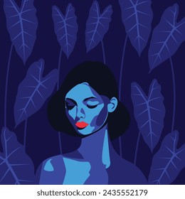 Abstract Blue woman among the leaves at night.