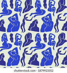 Abstract blue women seamless pattern. Background illustration of flat cartoon woman figures, young vintage matisse art female wallpaper. Backdrop design for fashion fabric or modern trend print.