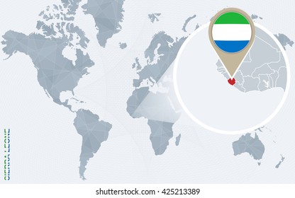 Abstract blue world map with magnified Sierra Leone. Sierra Leone flag and map. Vector Illustration.