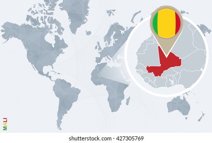 Abstract blue world map with magnified Mali. Mali flag and map. Vector Illustration.