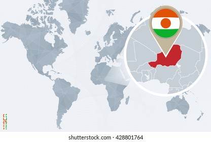Abstract blue world map with magnified Niger. Niger flag and map. Vector Illustration.