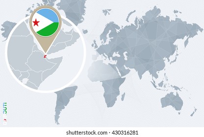 Abstract blue world map with magnified Djibouti. Djibouti flag and map. Vector Illustration.