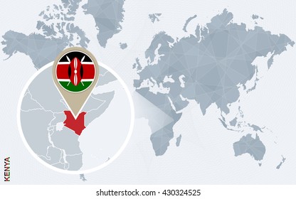 Abstract blue world map with magnified Kenya. Kenya flag and map. Vector Illustration.