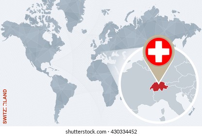 Abstract blue world map with magnified Switzerland. Switzerland flag and map. Vector Illustration.