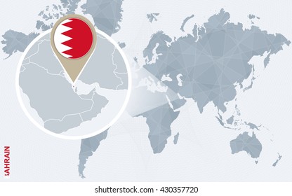 Abstract blue world map with magnified Bahrain. Bahrain flag and map. Vector Illustration.