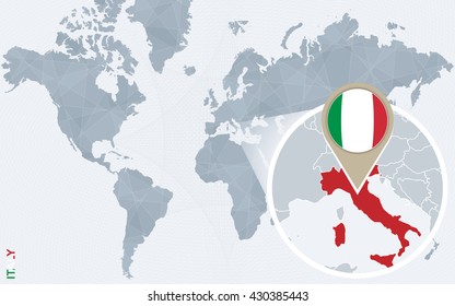 Abstract blue world map with magnified Italy. Italy flag and map. Vector Illustration.