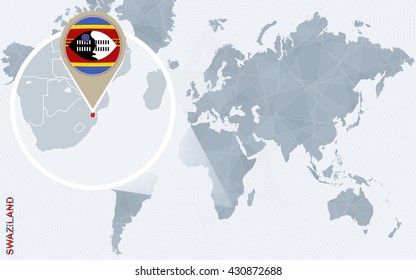 Abstract blue world map with magnified Swaziland. Swaziland flag and map. Vector Illustration.