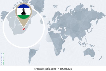 Abstract blue world map with magnified Lesotho. Lesotho flag and map. Vector Illustration.