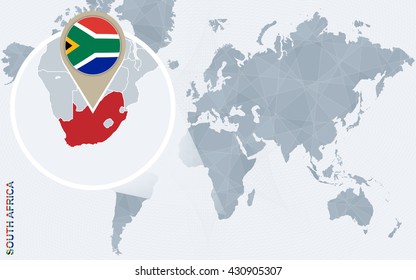 Abstract blue world map with magnified South Africa. South Africa flag and map. Vector Illustration.