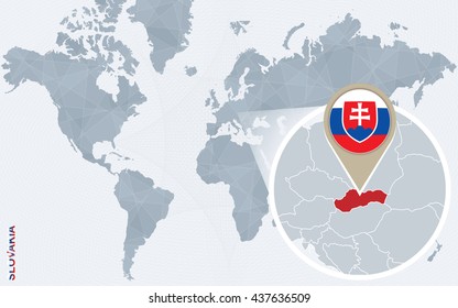 Abstract blue world map with magnified Slovakia. Slovakia flag and map. Vector Illustration.