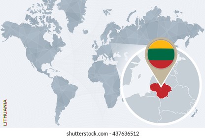 Abstract blue world map with magnified Lithuania. Lithuania flag and map. Vector Illustration.
