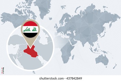Abstract blue world map with magnified Iraq. Iraq flag and map. Vector Illustration.