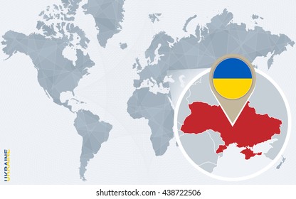 Abstract blue world map with magnified Ukraine. Ukraine flag and map. Vector Illustration.